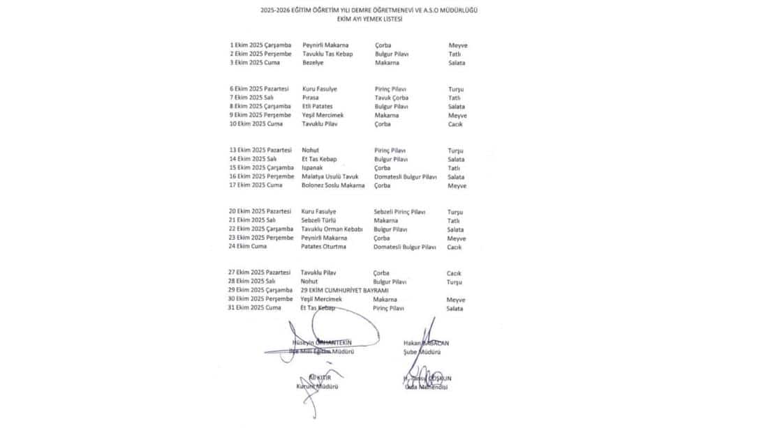 Ekim Ayı Yemek Listesi